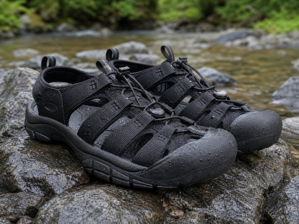 Black KEEN Newport H2 men's water sandals on wet river rocks